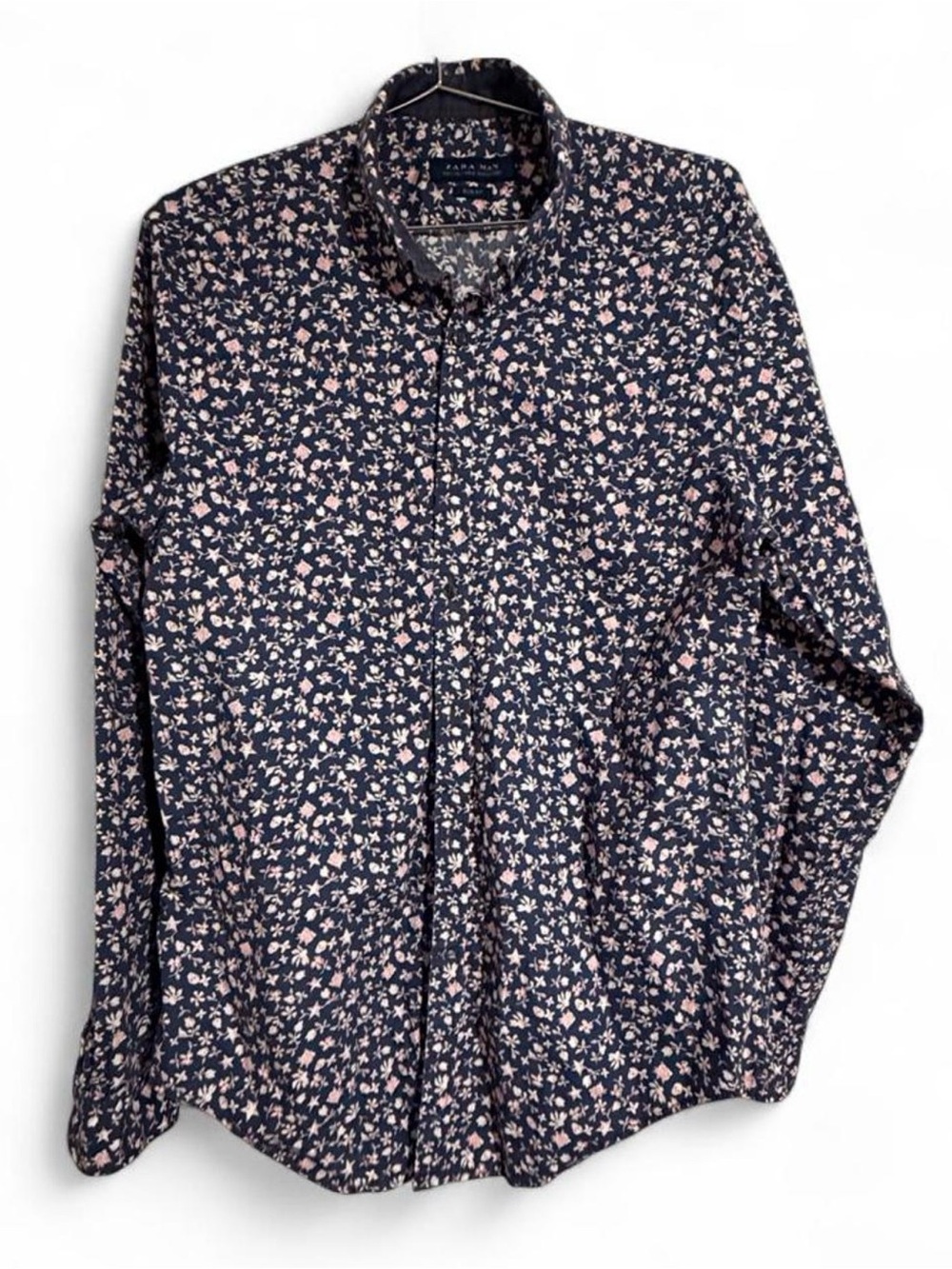 Zara Navy Floral Button-Down Shirt with Pink Accents